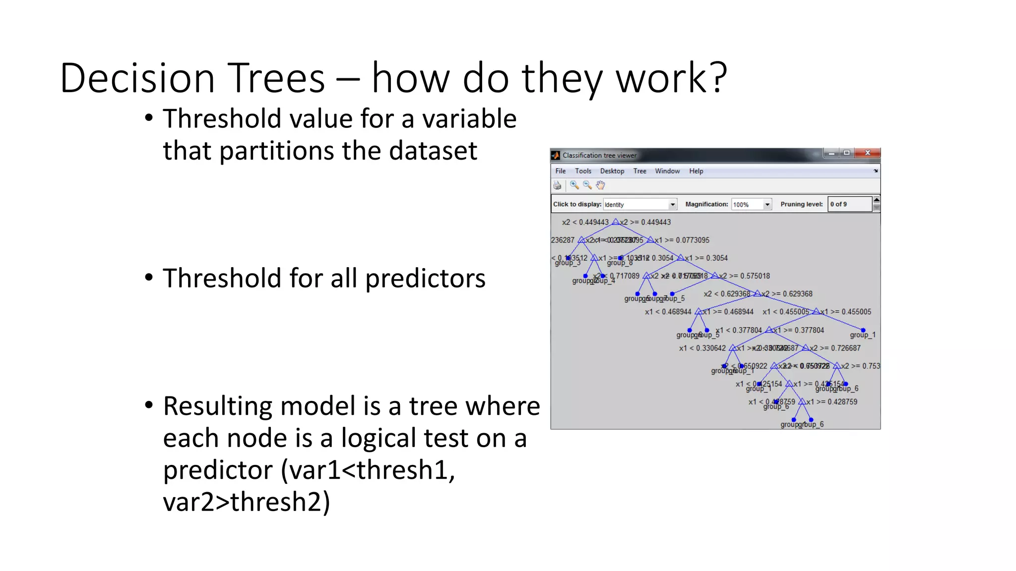 Decision Trees – how do they work?
• Threshold value for a variable
that partitions the dataset
• Threshold for all predictors
• Resulting model is a tree where
each node is a logical test on a
predictor (var1<thresh1,
var2>thresh2)
 