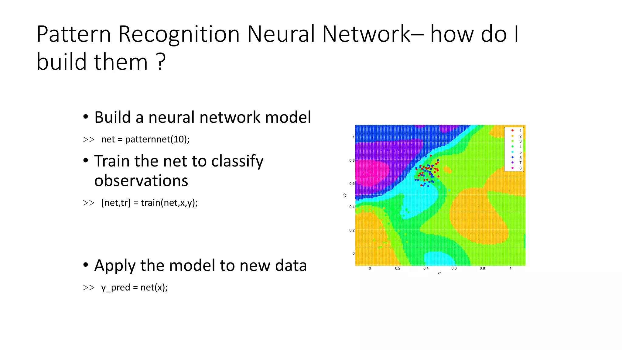 Pattern Recognition Neural Network– how do I
build them ?
• Build a neural network model
>> net = patternnet(10);
• Train the net to classify
observations
>> [net,tr] = train(net,x,y);
• Apply the model to new data
>> y_pred = net(x);
0 0.2 0.4 0.6 0.8 1
0
0.2
0.4
0.6
0.8
1
x1
x2
1
2
3
4
5
6
7
8
 