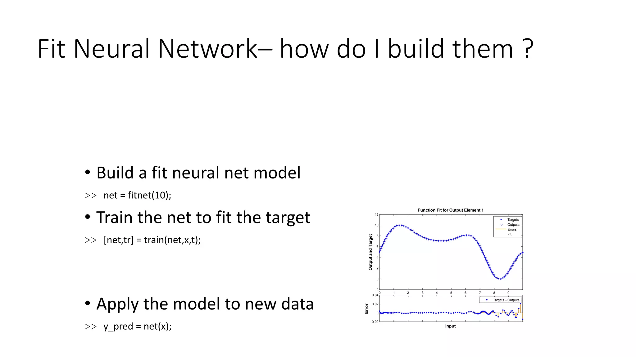 Fit Neural Network– how do I build them ?
• Build a fit neural net model
>> net = fitnet(10);
• Train the net to fit the target
>> [net,tr] = train(net,x,t);
• Apply the model to new data
>> y_pred = net(x);
0 1 2 3 4 5 6 7 8 9
-2
0
2
4
6
8
10
12
Function Fit for Output Element 1
OutputandTarget
-0.02
0
0.02
0.04
Error
Input
Targets
Outputs
Errors
Fit
Targets - Outputs
 