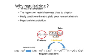 Why regularizing ?• Terms are correlated
• The regression matrix becomes close to singular
• Badly conditioned matrix yield poor numerical results
• Bayesian interpretation
Likelihood
Regularisation term
Posterior
Prior
We rather minimize
 