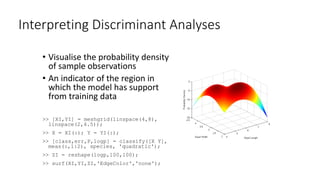 Interpreting Discriminant Analyses
• Visualise the probability density
of sample observations
• An indicator of the region in
which the model has support
from training data
>> [XI,YI] = meshgrid(linspace(4,8),
linspace(2,4.5));
>> X = XI(:); Y = YI(:);
>> [class,err,P,logp] = classify([X Y],
meas(:,1:2), species, 'quadratic');
>> ZI = reshape(logp,100,100);
>> surf(XI,YI,ZI,'EdgeColor','none');
 