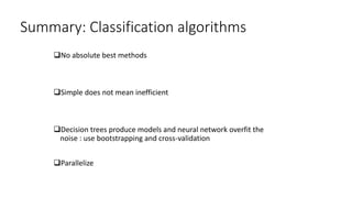 Summary: Classification algorithms
No absolute best methods
Simple does not mean inefficient
Decision trees produce models and neural network overfit the
noise : use bootstrapping and cross-validation
Parallelize
 