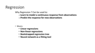 Regression
Why Regression ? Can be used to:
oLearn to model a continuous response from observations
oPredict the response for new observations
• Means:
• Linear regressions
• Non-linear regressions
• Bootstrapped regression tree
• Neural network as a fitting tool
 