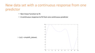New data set with a continuous response from one
predictor
• Non-linear function to fit
• A continuous response to fit from one continuous predictor
>>[x,t] = simplefit_dataset;
0 1 2 3 4 5 6 7 8 9 10
0
1
2
3
4
5
6
7
8
9
10
 
