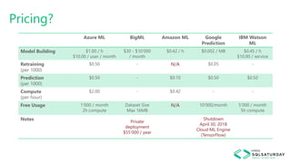 Pricing?
Azure ML BigML Amazon ML Google
Prediction
IBM Watson
ML
Model Building $1.00 / h
$10.00 / user / month
$30 - $10’000
/ month
$0.42 / h $0.002 / MB $0.45 / h
$10.00 / service
Retraining
(per 1000)
$0.50 - N/A $0.05 -
Prediction
(per 1000)
$0.50 - $0.10 $0.50 $0.50
Compute
(per hour)
$2.00 - $0.42 - -
Free Usage 1’000 / month
2h compute
Dataset Size
Max 16MB
N/A 10’000/month 5’000 / month
5h compute
Notes Private
deployment
$55’000 / year
Shutdown
April 30, 2018
Cloud ML Engine
(TensorFlow)
 