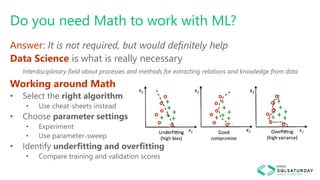 Do you need Math to work with ML?
Answer: It is not required, but would definitely help
Data Science is what is really necessary
Interdisciplinary field about processes and methods for extracting relations and knowledge from data
Working around Math
• Select the right algorithm
• Use cheat-sheets instead
• Choose parameter settings
• Experiment
• Use parameter-sweep
• Identify underfitting and overfitting
• Compare training and validation scores
 
