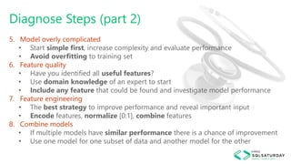 5. Model overly complicated
• Start simple first, increase complexity and evaluate performance
• Avoid overfitting to training set
6. Feature quality
• Have you identified all useful features?
• Use domain knowledge of an expert to start
• Include any feature that could be found and investigate model performance
7. Feature engineering
• The best strategy to improve performance and reveal important input
• Encode features, normalize [0:1], combine features
8. Combine models
• If multiple models have similar performance there is a chance of improvement
• Use one model for one subset of data and another model for the other
Diagnose Steps (part 2)
 
