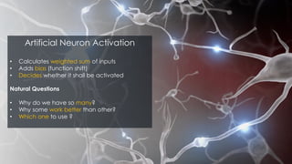 Artificial Neuron Activation
• Calculates weighted sum of inputs
• Adds bias (function shift)
• Decides whether it shall be activated
Natural Questions
• Why do we have so many?
• Why some work better than other?
• Which one to use ?
 