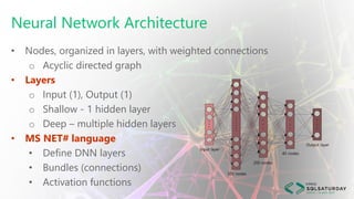 Neural Network Architecture
• Nodes, organized in layers, with weighted connections
o Acyclic directed graph
• Layers
o In...