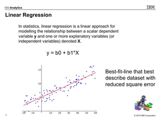 12 © 2017 IBM Corporation© 2018 IBM Corporation
Linear Regression
In statistics, linear regression is a linear approach for
modelling the relationship between a scalar dependent
variable y and one or more explanatory variables (or
independent variables) denoted X.
y = b0 + b1*X
Best-fit-line that best
describe dataset with
reduced square error
 