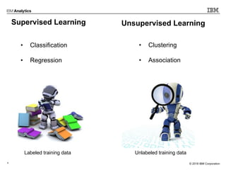 9 © 2017 IBM Corporation© 2018 IBM Corporation
Supervised Learning
Labeled training data
• Classification
• Regression
Unsupervised Learning
• Clustering
• Association
Unlabeled training data
 