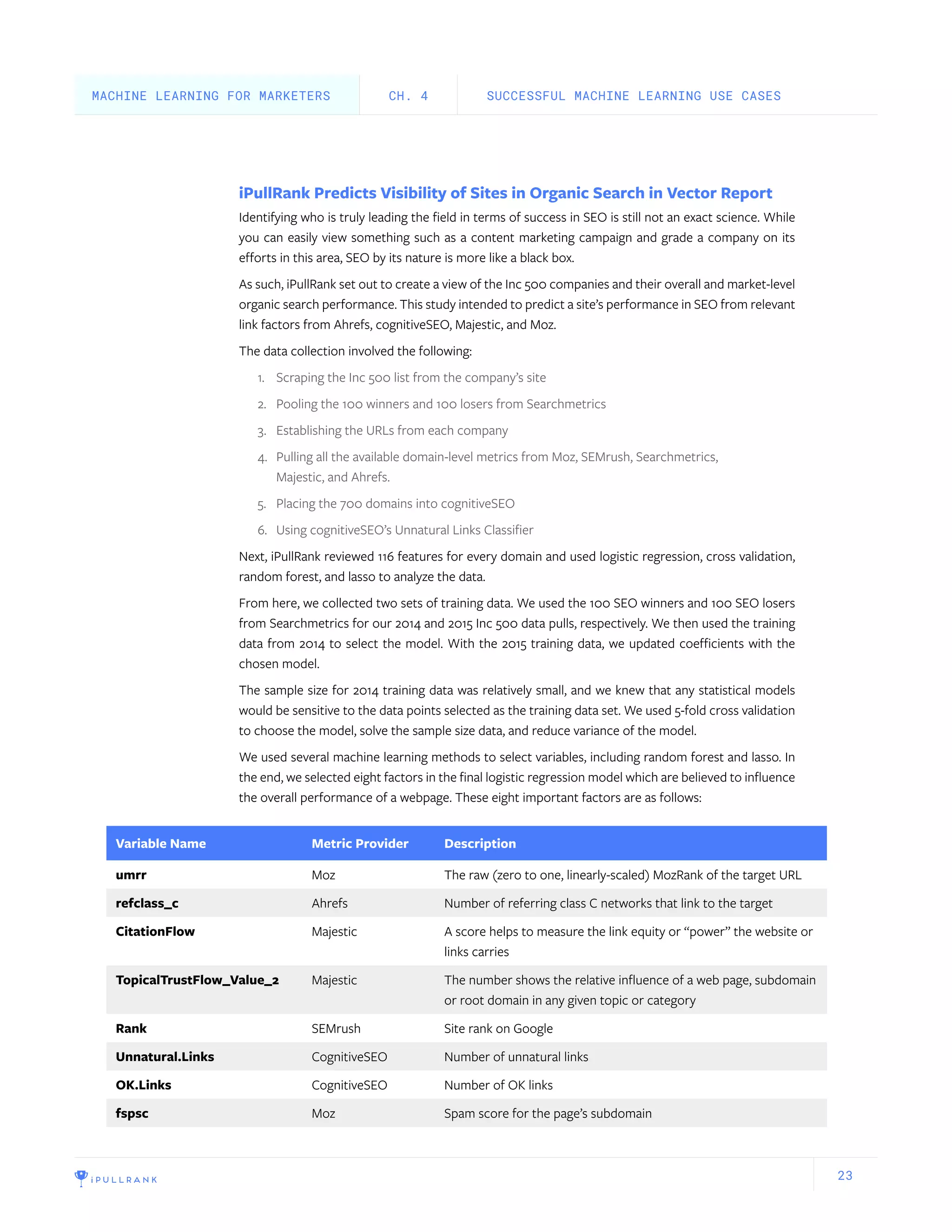 23
iPullRank Predicts Visibility of Sites in Organic Search in Vector Report
Identifying who is truly leading the field in terms of success in SEO is still not an exact science. While
you can easily view something such as a content marketing campaign and grade a company on its
efforts in this area, SEO by its nature is more like a black box.
As such, iPullRank set out to create a view of the Inc 500 companies and their overall and market-level
organic search performance. This study intended to predict a site’s performance in SEO from relevant
link factors from Ahrefs, cognitiveSEO, Majestic, and Moz.
The data collection involved the following:
1.	 Scraping the Inc 500 list from the company’s site
2.	 Pooling the 100 winners and 100 losers from Searchmetrics
3.	 Establishing the URLs from each company
4.	 Pulling all the available domain-level metrics from Moz, SEMrush, Searchmetrics,
Majestic, and Ahrefs.
5.	 Placing the 700 domains into cognitiveSEO
6.	 Using cognitiveSEO’s Unnatural Links Classifier
Next, iPullRank reviewed 116 features for every domain and used logistic regression, cross validation,
random forest, and lasso to analyze the data.
From here, we collected two sets of training data. We used the 100 SEO winners and 100 SEO losers
from Searchmetrics for our 2014 and 2015 Inc 500 data pulls, respectively. We then used the training
data from 2014 to select the model. With the 2015 training data, we updated coefficients with the
chosen model.
The sample size for 2014 training data was relatively small, and we knew that any statistical models
would be sensitive to the data points selected as the training data set. We used 5-fold cross validation
to choose the model, solve the sample size data, and reduce variance of the model.
We used several machine learning methods to select variables, including random forest and lasso. In
the end, we selected eight factors in the final logistic regression model which are believed to influence
the overall performance of a webpage. These eight important factors are as follows:
SUCCESSFUL MACHINE LEARNING USE CASESCH. 4
Variable Name Metric Provider Description
umrr Moz The raw (zero to one, linearly-scaled) MozRank of the target URL
refclass_c Ahrefs Number of referring class C networks that link to the target
CitationFlow Majestic A score helps to measure the link equity or “power” the website or
links carries
TopicalTrustFlow_Value_2 Majestic The number shows the relative influence of a web page, subdomain
or root domain in any given topic or category
Rank SEMrush Site rank on Google
Unnatural.Links CognitiveSEO Number of unnatural links
OK.Links CognitiveSEO Number of OK links
fspsc Moz Spam score for the page’s subdomain
MACHINE LEARNING FOR MARKETERS
 