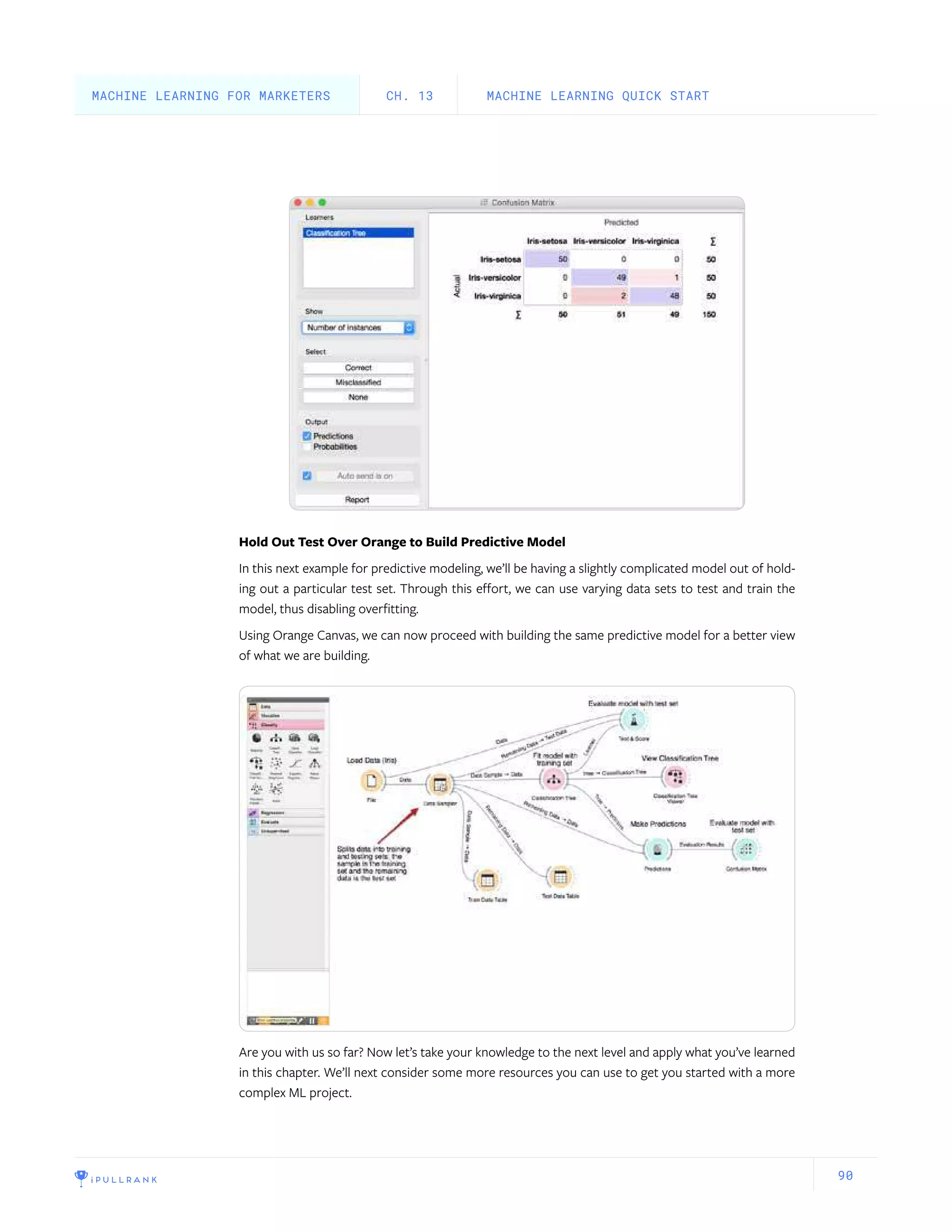 90
Hold Out Test Over Orange to Build Predictive Model
In this next example for predictive modeling, we’ll be having a slightly complicated model out of hold-
ing out a particular test set. Through this effort, we can use varying data sets to test and train the
model, thus disabling overfitting.
Using Orange Canvas, we can now proceed with building the same predictive model for a better view
of what we are building.
Are you with us so far? Now let’s take your knowledge to the next level and apply what you’ve learned
in this chapter. We’ll next consider some more resources you can use to get you started with a more
complex ML project.
MACHINE LEARNING QUICK STARTCH. 13MACHINE LEARNING FOR MARKETERS
 