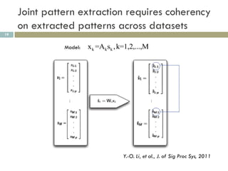 Joint pattern extraction requires coherency
     on extracted patterns across datasets
19


               Model:   x k =Aksk , k=1,2,...,M




                                     Y.-O. Li, et al., J. of Sig Proc Sys, 2011
 