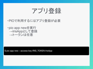 アプリ登録
・PIOで利用するにはアプリ登録が必要
・pio app newを実行
　→IrisAppとして登録
　→トークンは任意
$ pio app new --access-key IRIS_TOKEN IrisApp
 
