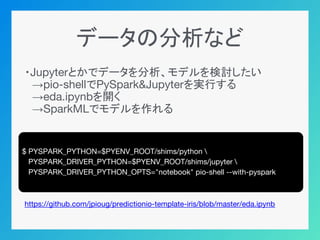 データの分析など
・Jupyterとかでデータを分析、モデルを検討したい
　→pio-shellでPySpark&Jupyterを実行する
　→eda.ipynbを開く
　→SparkMLでモデルを作れる
https://github.com/jpioug/predictionio-template-iris/blob/master/eda.ipynb
$ PYSPARK_PYTHON=$PYENV_ROOT/shims/python 
PYSPARK_DRIVER_PYTHON=$PYENV_ROOT/shims/jupyter 
PYSPARK_DRIVER_PYTHON_OPTS="notebook" pio-shell --with-pyspark
 