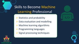 Skills to Become Machine
Learning Professional
 Statistics and probability
 Data evaluation and modelling
 Machine learning algorithms
 Programming languages
 Signal processing techniques
www.lset.uk
 