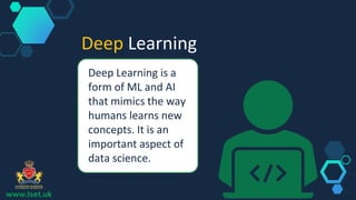 Deep Learning
Deep Learning is a
form of ML and AI
that mimics the way
humans learns new
concepts. It is an
important aspect of
data science.
www.lset.uk
 
