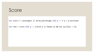 Score
let score f = passengers |> Array.percentage (fun p -> f p = p.Survived)
let rate = score (fun p -> (child p || fema...