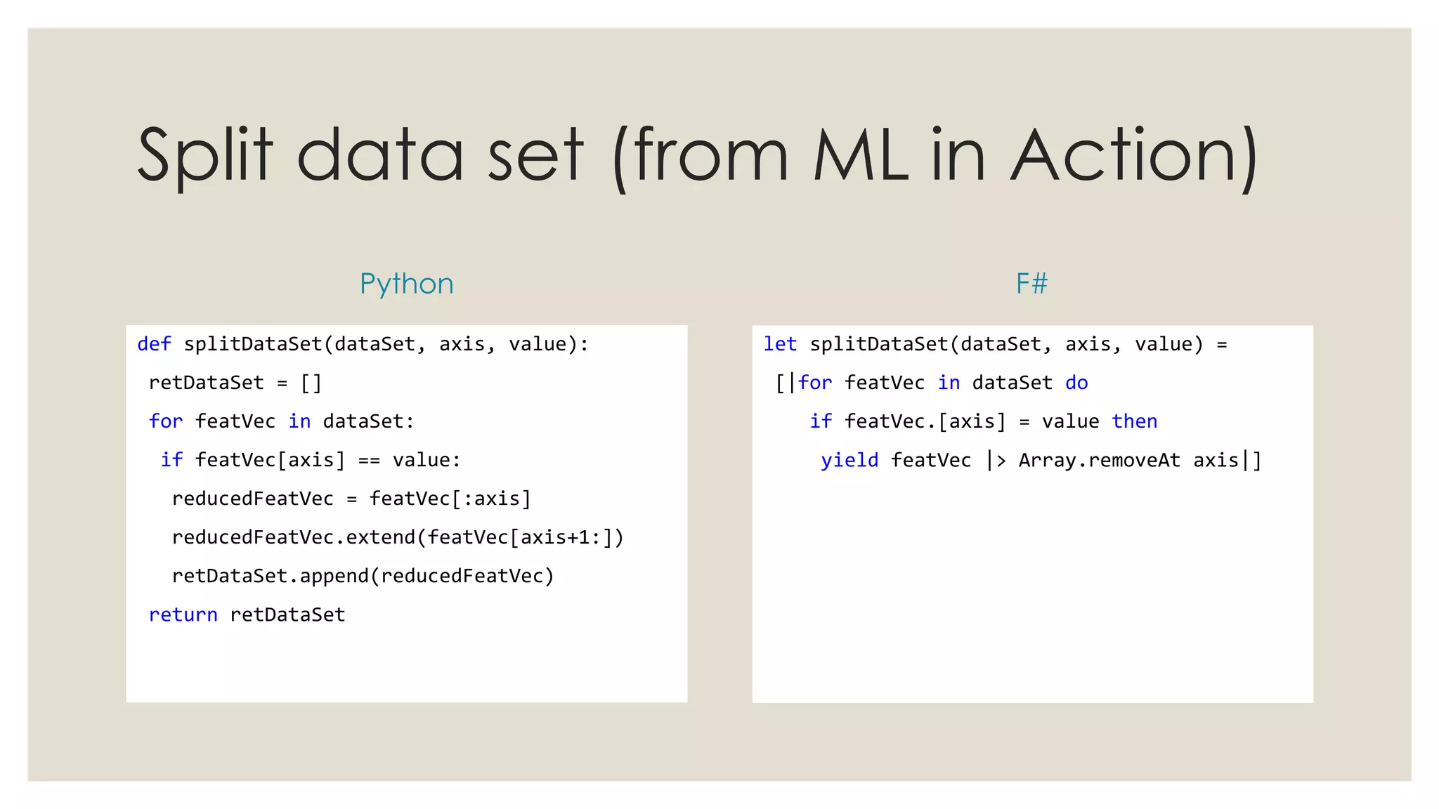 Split data set (from ML in Action)
Python
def splitDataSet(dataSet, axis, value):
retDataSet = []
for featVec in dataSet:
if featVec[axis] == value:
reducedFeatVec = featVec[:axis]
reducedFeatVec.extend(featVec[axis+1:])
retDataSet.append(reducedFeatVec)
return retDataSet
F#
let splitDataSet(dataSet, axis, value) =
[|for featVec in dataSet do
if featVec.[axis] = value then
yield featVec |> Array.removeAt axis|]
 