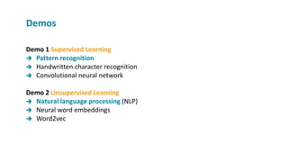 Demo 1 Supervised Learning
 Pattern recognition
 Handwritten character recognition
 Convolutional neural network
Demo 2 Unsupervised Learning
 Natural language processing (NLP)
 Neural word embeddings
 Word2vec
Demos
 