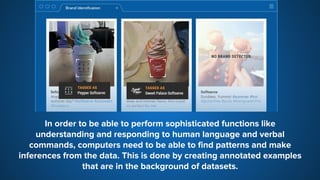 In order to be able to perform sophisticated functions like
understanding and responding to human language and verbal
commands, computers need to be able to find patterns and make
inferences from the data. This is done by creating annotated examples
that are in the background of datasets.
 