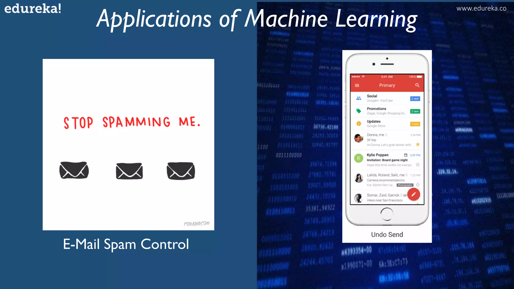 Applications of Machine Learning
E-Mail Spam Control
www.edureka.co
 
