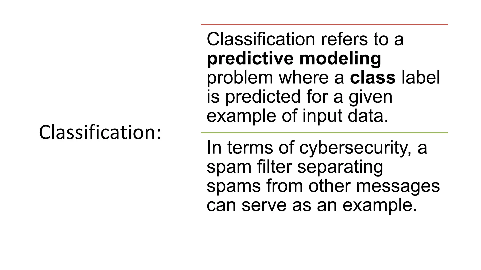 Classification:
Classification refers to a
predictive modeling
problem where a class label
is predicted for a given
example of input data.
In terms of cybersecurity, a
spam filter separating
spams from other messages
can serve as an example.
 