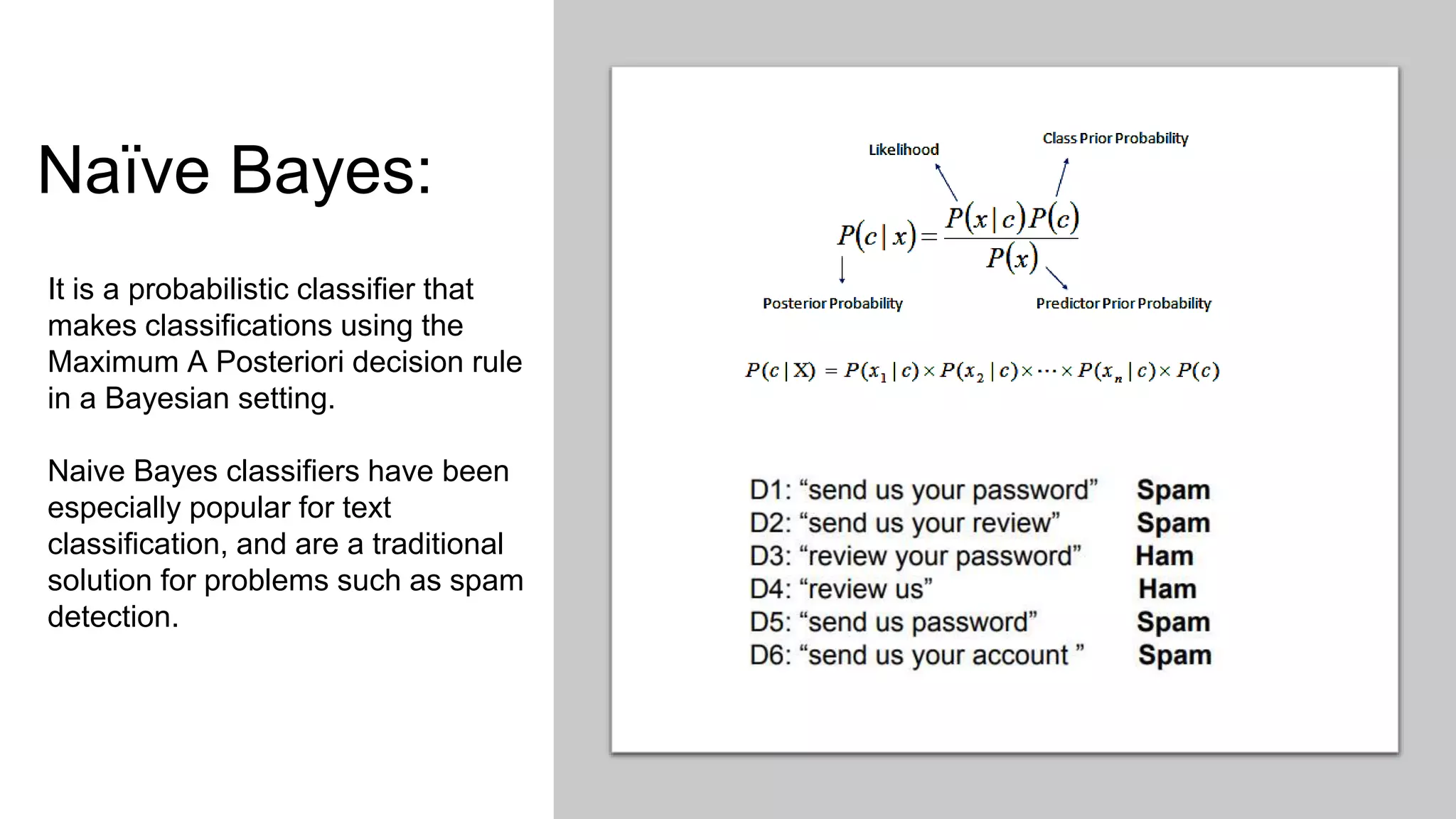 Naïve Bayes:
It is a probabilistic classifier that
makes classifications using the
Maximum A Posteriori decision rule
in a Bayesian setting.
Naive Bayes classifiers have been
especially popular for text
classification, and are a traditional
solution for problems such as spam
detection.
 