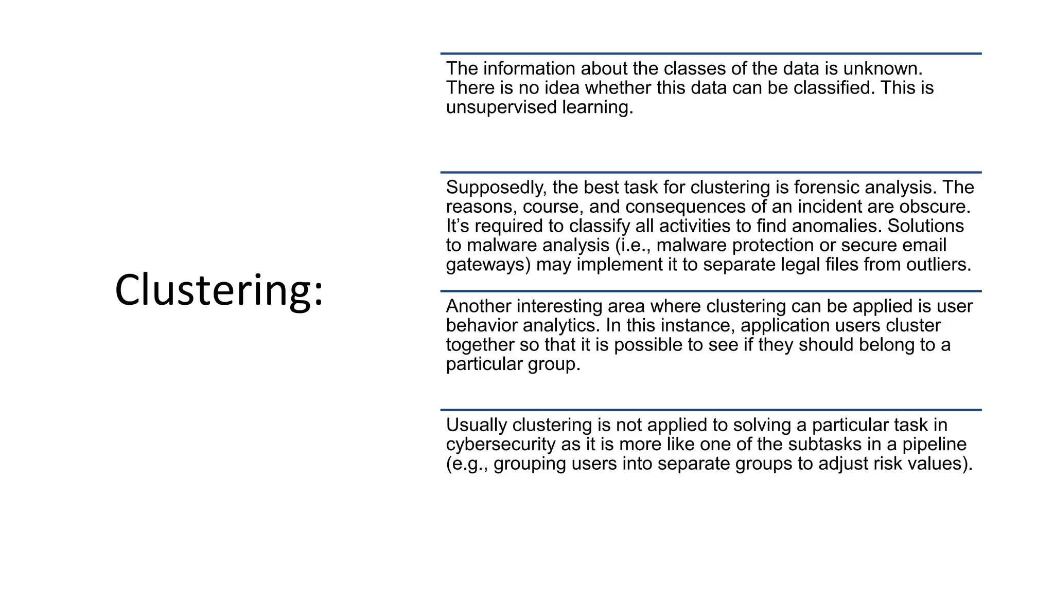 Clustering:
The information about the classes of the data is unknown.
There is no idea whether this data can be classified. This is
unsupervised learning.
Supposedly, the best task for clustering is forensic analysis. The
reasons, course, and consequences of an incident are obscure.
It’s required to classify all activities to find anomalies. Solutions
to malware analysis (i.e., malware protection or secure email
gateways) may implement it to separate legal files from outliers.
Another interesting area where clustering can be applied is user
behavior analytics. In this instance, application users cluster
together so that it is possible to see if they should belong to a
particular group.
Usually clustering is not applied to solving a particular task in
cybersecurity as it is more like one of the subtasks in a pipeline
(e.g., grouping users into separate groups to adjust risk values).
 