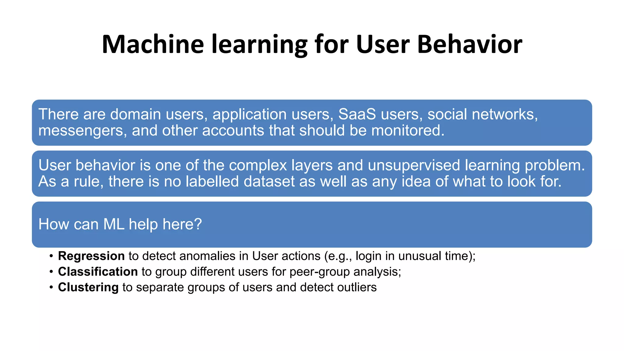 Machine learning for User Behavior
There are domain users, application users, SaaS users, social networks,
messengers, and other accounts that should be monitored.
User behavior is one of the complex layers and unsupervised learning problem.
As a rule, there is no labelled dataset as well as any idea of what to look for.
How can ML help here?
• Regression to detect anomalies in User actions (e.g., login in unusual time);
• Classification to group different users for peer-group analysis;
• Clustering to separate groups of users and detect outliers
 