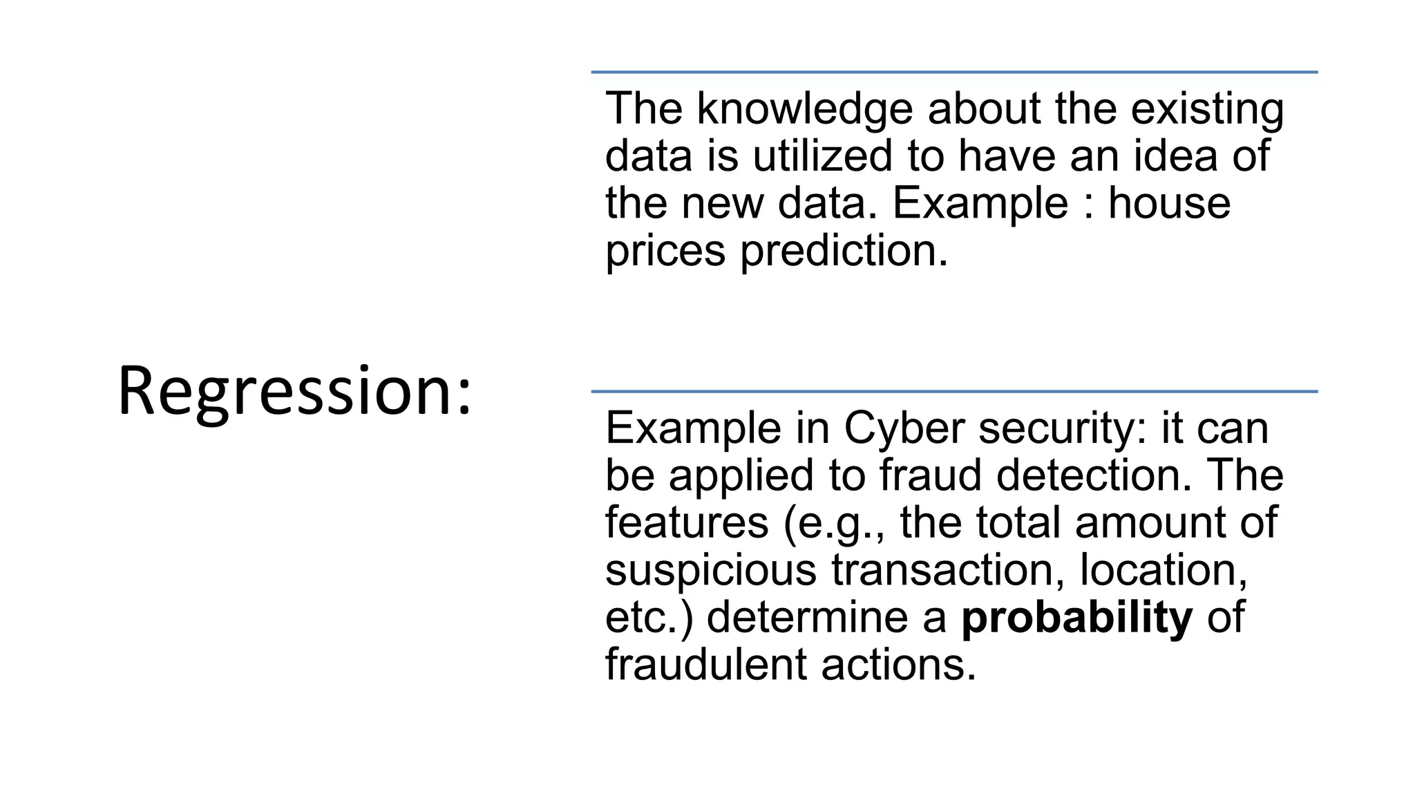 Regression:
The knowledge about the existing
data is utilized to have an idea of
the new data. Example : house
prices prediction.
Example in Cyber security: it can
be applied to fraud detection. The
features (e.g., the total amount of
suspicious transaction, location,
etc.) determine a probability of
fraudulent actions.
 