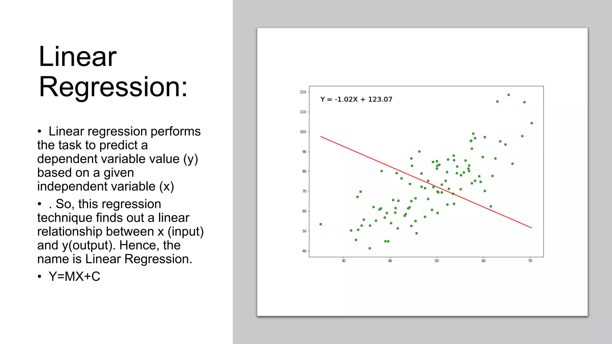 Linear
Regression:
• Linear regression performs
the task to predict a
dependent variable value (y)
based on a given
independent variable (x)
• . So, this regression
technique finds out a linear
relationship between x (input)
and y(output). Hence, the
name is Linear Regression.
• Y=MX+C
 