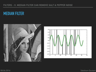 08.06.2016 Saksham Gautam
FILTERS - II, MEDIAN FILTER CAN REMOVE SALT & PEPPER NOISE
MEDIAN FILTER
 
