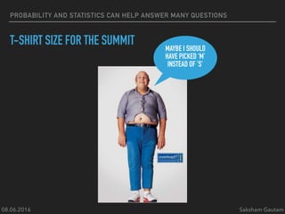 08.06.2016 Saksham Gautam
PROBABILITY AND STATISTICS CAN HELP ANSWER MANY QUESTIONS
T-SHIRT SIZE FOR THE SUMMIT MAYBE I SHOULD
HAVE PICKED ‘M’
INSTEAD OF ’S'
 