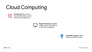 Cloud Computing
Computing: Resources on
the cloud that allow us build
faster, secure applications.
Machine learning: Apply IA
or ML to social, humanitarian
or education challenges.
Teachable machine: within
seconds, build ML models.
 