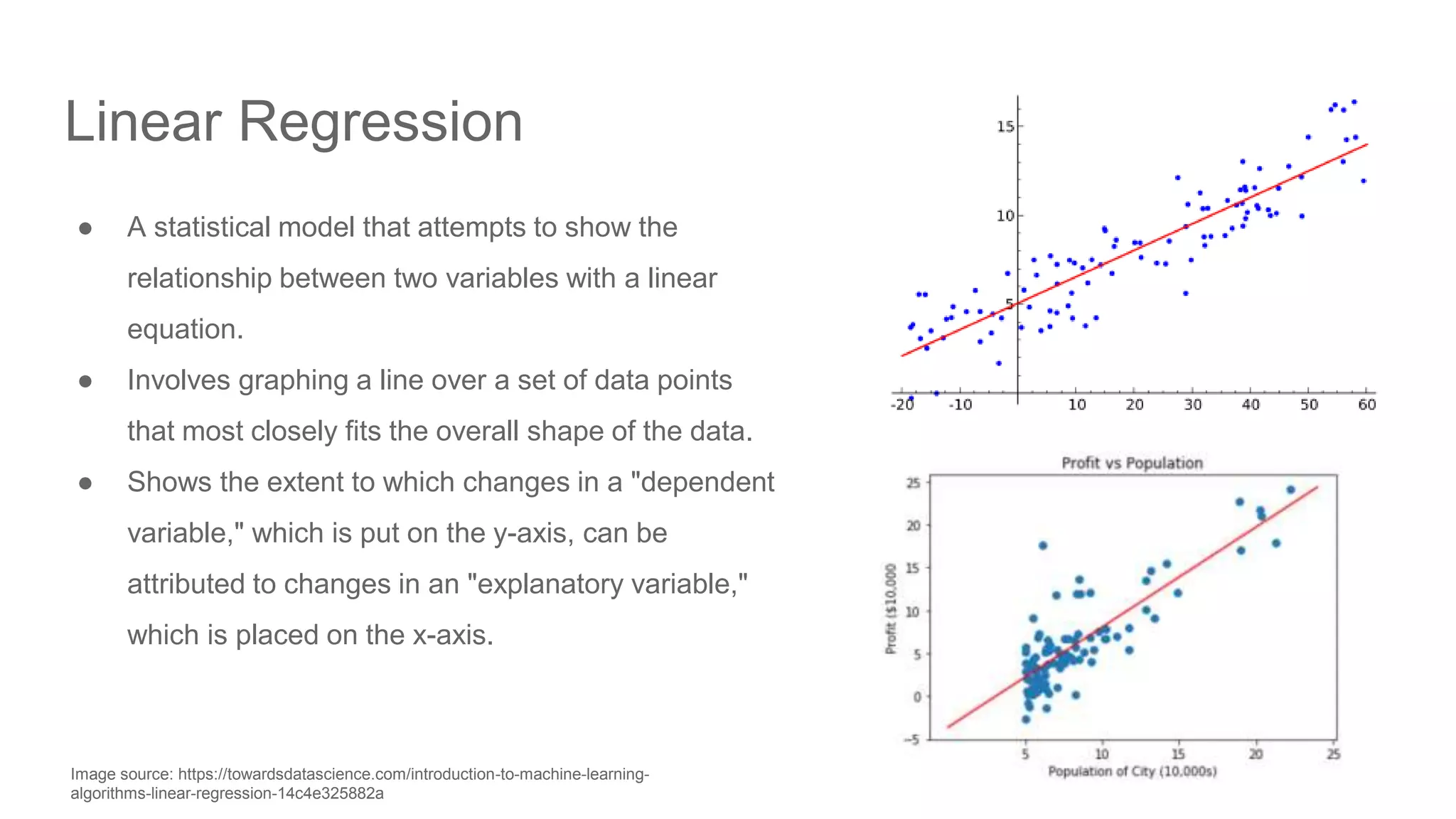 Linear Regression ● A statistical model that attempts to show the relationship between two variables with a linear equation. ● Involves graphing a line over a set of data points that most closely fits the overall shape of the data. ● Shows the extent to which changes in a "dependent variable," which is put on the y-axis, can be attributed to changes in an "explanatory variable," which is placed on the x-axis. Image source: https://towardsdatascience.com/introduction-to-machine-learning- algorithms-linear-regression-14c4e325882a 