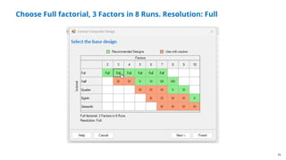 10
Choose Full factorial, 3 Factors in 8 Runs. Resolution: Full
 