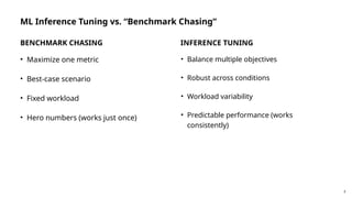 3
ML Inference Tuning vs. “Benchmark Chasing”
BENCHMARK CHASING
• Maximize one metric
• Best-case scenario
• Fixed workload
• Hero numbers (works just once)
INFERENCE TUNING
• Balance multiple objectives
• Robust across conditions
• Workload variability
• Predictable performance (works
consistently)
 