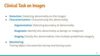 Clinical Task on Images
● Detection: Detecting abnormality on the images
● Characterization: Characterizing this abnormality
Segmentation: Detecting boundary of abnormality
Diagnosis: Identify this abnormality as benign or malignant
Staging Classify this abnormalities into multiple predeﬁned category
● Monitoring:
Tracing object characteristic during monitoring scans
26
 
