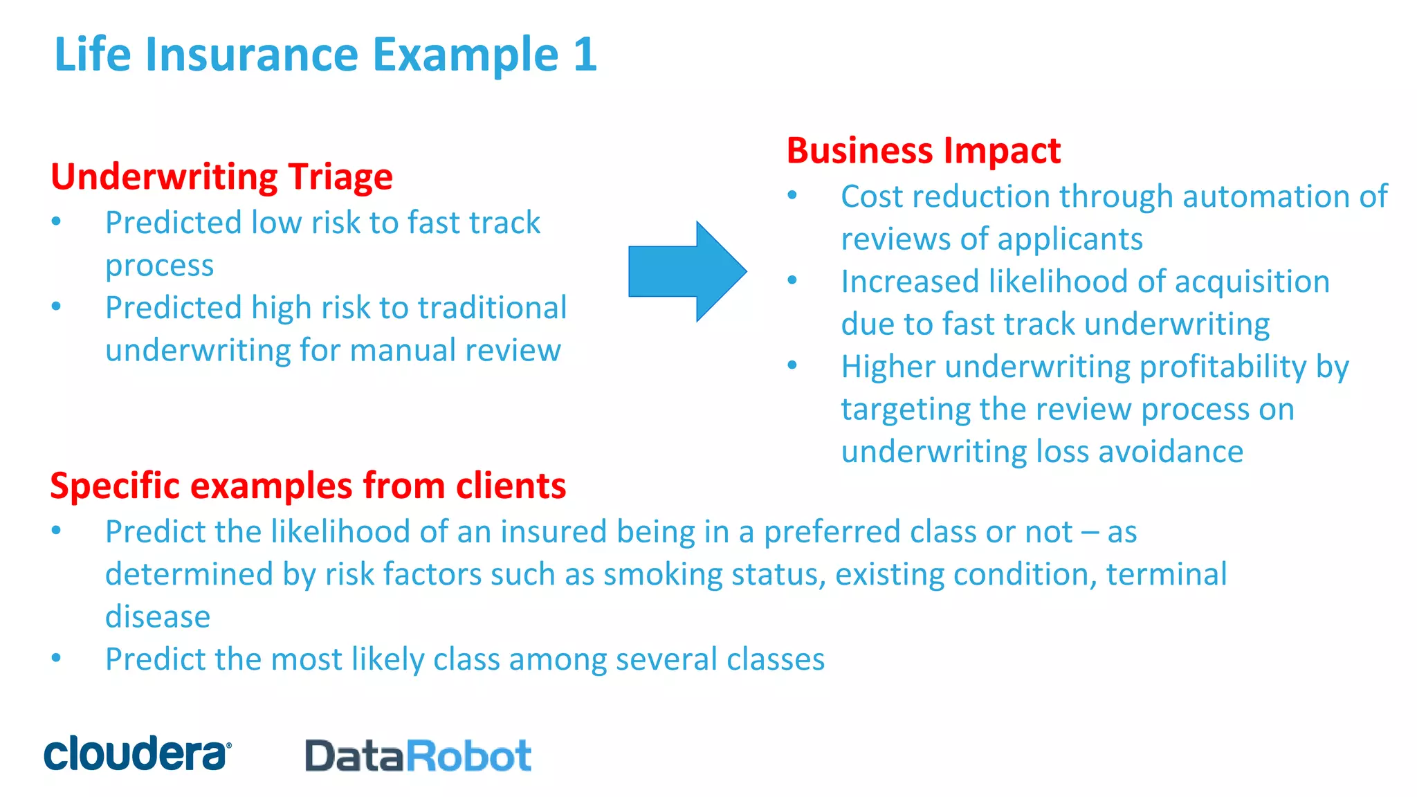 Life Insurance Example 1
Underwriting Triage
• Predicted low risk to fast track
process
• Predicted high risk to traditional
underwriting for manual review
Business Impact
• Cost reduction through automation of
reviews of applicants
• Increased likelihood of acquisition
due to fast track underwriting
• Higher underwriting profitability by
targeting the review process on
underwriting loss avoidance
Specific examples from clients
• Predict the likelihood of an insured being in a preferred class or not – as
determined by risk factors such as smoking status, existing condition, terminal
disease
• Predict the most likely class among several classes
 