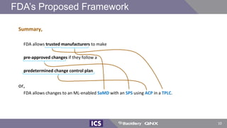 Summary,
FDA allows trusted manufacturers to make
pre-approved changes if they follow a
predetermined change control plan
or,
FDA allows changes to an ML-enabled SaMD with an SPS using ACP in a TPLC.
FDA’s Proposed Framework
10
 