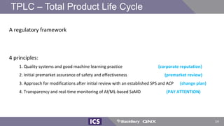 A regulatory framework
4 principles:
1. Quality systems and good machine learning practice (corporate reputation)
2. Initial premarket assurance of safety and effectiveness (premarket review)
3. Approach for modifications after initial review with an established SPS and ACP (change plan)
4. Transparency and real-time monitoring of AI/ML-based SaMD (PAY ATTENTION)
TPLC – Total Product Life Cycle
14
 