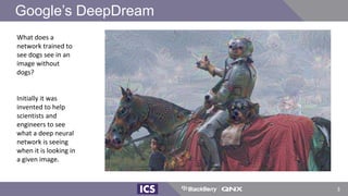 Google’s DeepDream
What does a
network trained to
see dogs see in an
image without
dogs?
Initially it was
invented to help
scientists and
engineers to see
what a deep neural
network is seeing
when it is looking in
a given image.
3
 