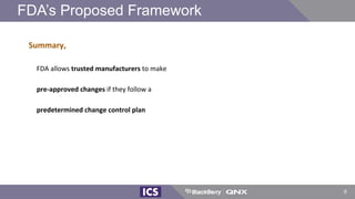 Summary,
FDA allows trusted manufacturers to make
pre-approved changes if they follow a
predetermined change control plan
FDA’s Proposed Framework
9
 