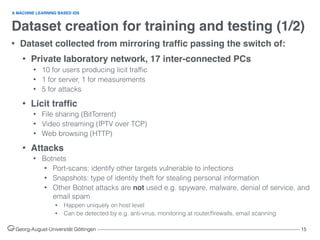 Dataset creation for training and testing (1/2)
Georg-August-Universität Göttingen ––––––––––––––––––––––––––––––––––––––––––––––––––––––––––––––––––––––––––––––––– 15
• Dataset collected from mirroring trafﬁc passing the switch of:
• Private laboratory network, 17 inter-connected PCs
• 10 for users producing licit trafﬁc
• 1 for server, 1 for measurements
• 5 for attacks
• Licit trafﬁc
• File sharing (BitTorrent)
• Video streaming (IPTV over TCP)
• Web browsing (HTTP)
• Attacks
• Botnets
• Port-scans: identify other targets vulnerable to infections
• Snapshots: type of identity theft for stealing personal information
• Other Botnet attacks are not used e.g. spyware, malware, denial of service, and
email spam
• Happen uniquely on host level
• Can be detected by e.g. anti-virus, monitoring at router/ﬁrewalls, email scanning
A MACHINE LEARNING BASED IDS
 