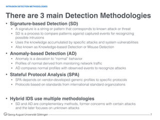 There are 3 main Detection Methodologies
Georg-August-Universität Göttingen ––––––––––––––––––––––––––––––––––––––––––––––––––––––––––––––––––––––––––––––––– 7
• Signature-based Detection (SD)
• A signature is a string or pattern that corresponds to known attack or threat
• SD is a process to compare patterns against captured events for recognizing
possible intrusions
• Uses the knowledge accumulated by speciﬁc attacks and system vulnerabilities
• Also known as Knowledge-based Detection or Misuse Detection
• Anomaly-based Detection (AD)
• Anomaly is a deviation to “normal” behavior
• Proﬁles of normal derived from monitoring network trafﬁc
• AD compares normal proﬁles with observed events to recognize attacks
• Stateful Protocol Analysis (SPA)
• SPA depends on vendor-developed generic proﬁles to speciﬁc protocols
• Protocols based on standards from international standard organizations
• Hybrid IDS use multiple methodologies
• SD and AD are complementary methods, former concerns with certain attacks
and the later focuses on unknown attacks
INTRUSION DETECTION METHODOLOGIES
 
