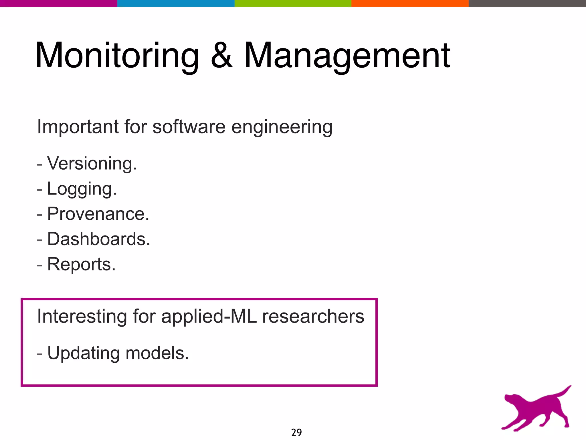 Monitoring & Management
Important for software engineering
- Versioning.
- Logging.
- Provenance.
- Dashboards.
- Reports.
Interesting for applied-ML researchers
- Updating models.
29
 