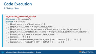 Microsoft Learn Student Ambassadors | Greece
Code Execution
R / Python / Java
sp_execute_external_script
@language
@script
 