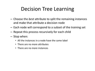 Decision Tree Learning 
– Choose the best attribute to split the remaining instances 
and make that attribute a decision node 
– Each node will correspond to a subset of the training set 
– Repeat this process recursively for each child 
– Stop when: 
• All the instances in a node have the same label 
• There are no more attributes 
• There are no more instances 
 